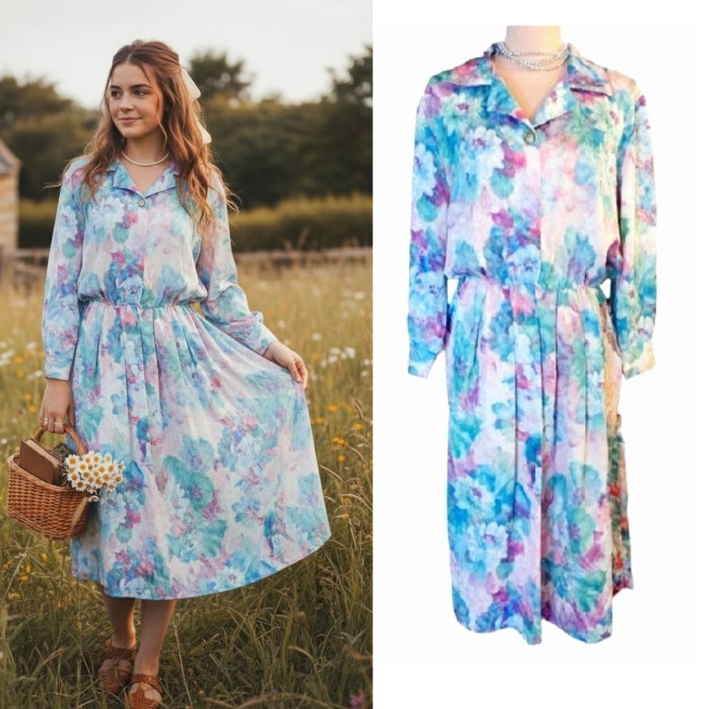 VTG 80s Colorful Floral Satin Long Sleeve Midi Dress Size 16P *fits like Medium